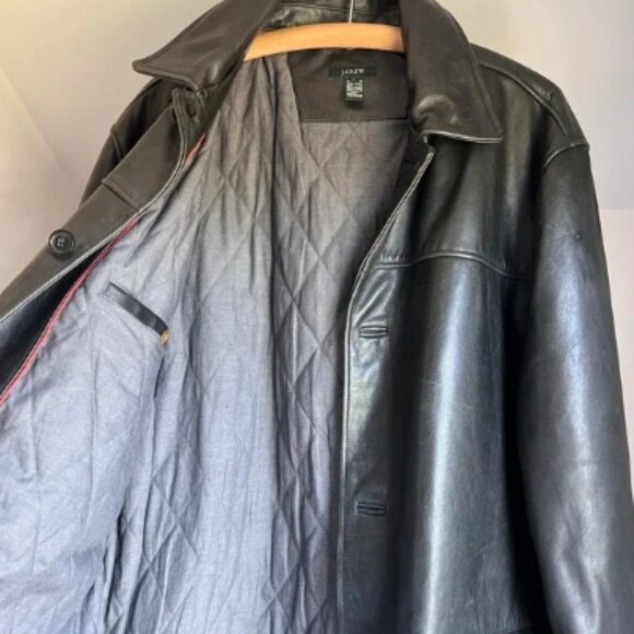 Vintage J. Crew Men's Black Leather Button Down Car Coat Jacket Size XL - Picture 2 of 5